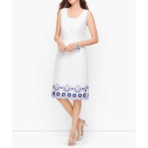 Talbots NWT Linen Blend Dress White Sleeveless Embroidered 12 Beach Bridal Tea